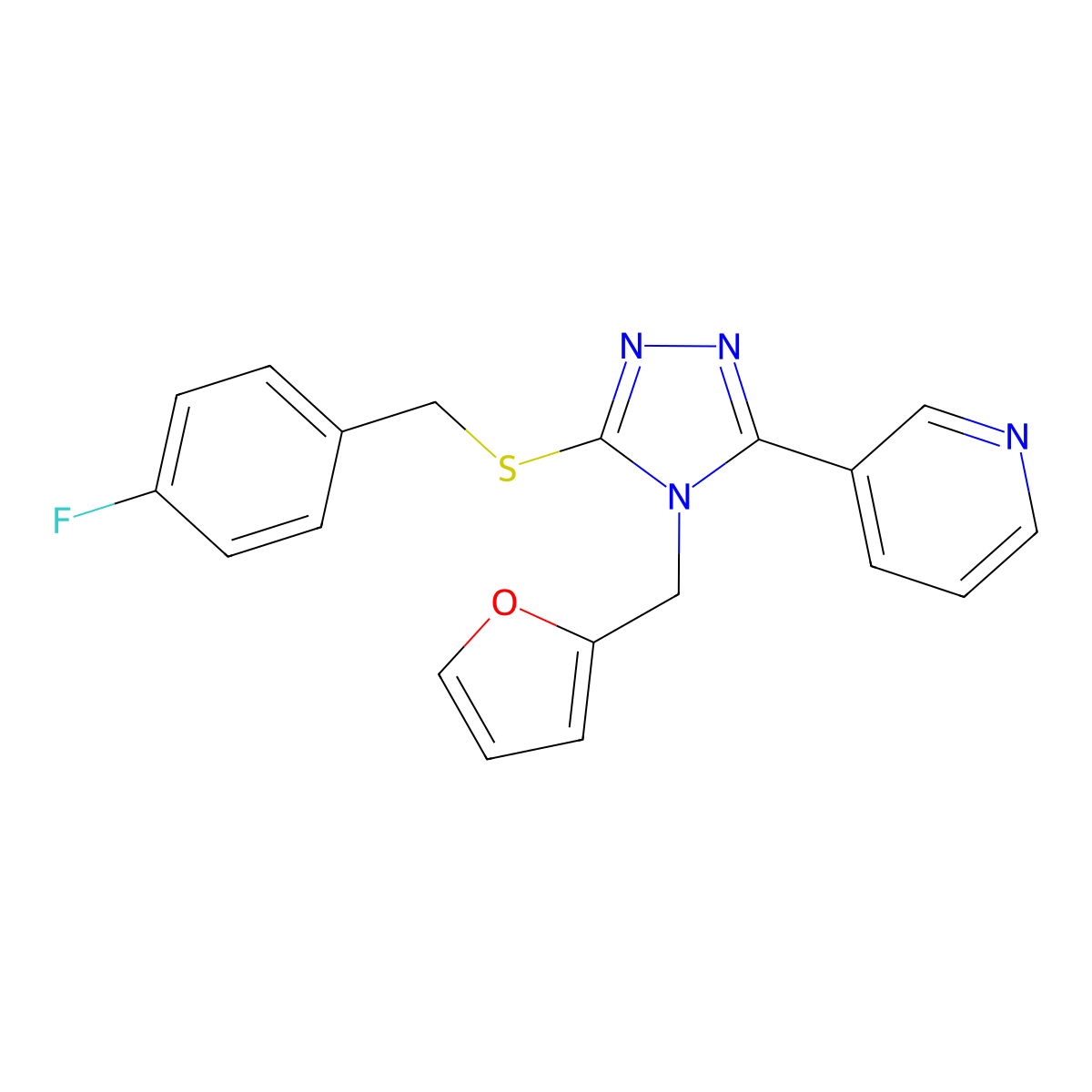 3-[(4-Fluorophenyl)methylthio]-4-(2-furylmethyl)-5-(3-pyridyl)-1,2,4-triazole molecular structure, CAS 573929-64-3