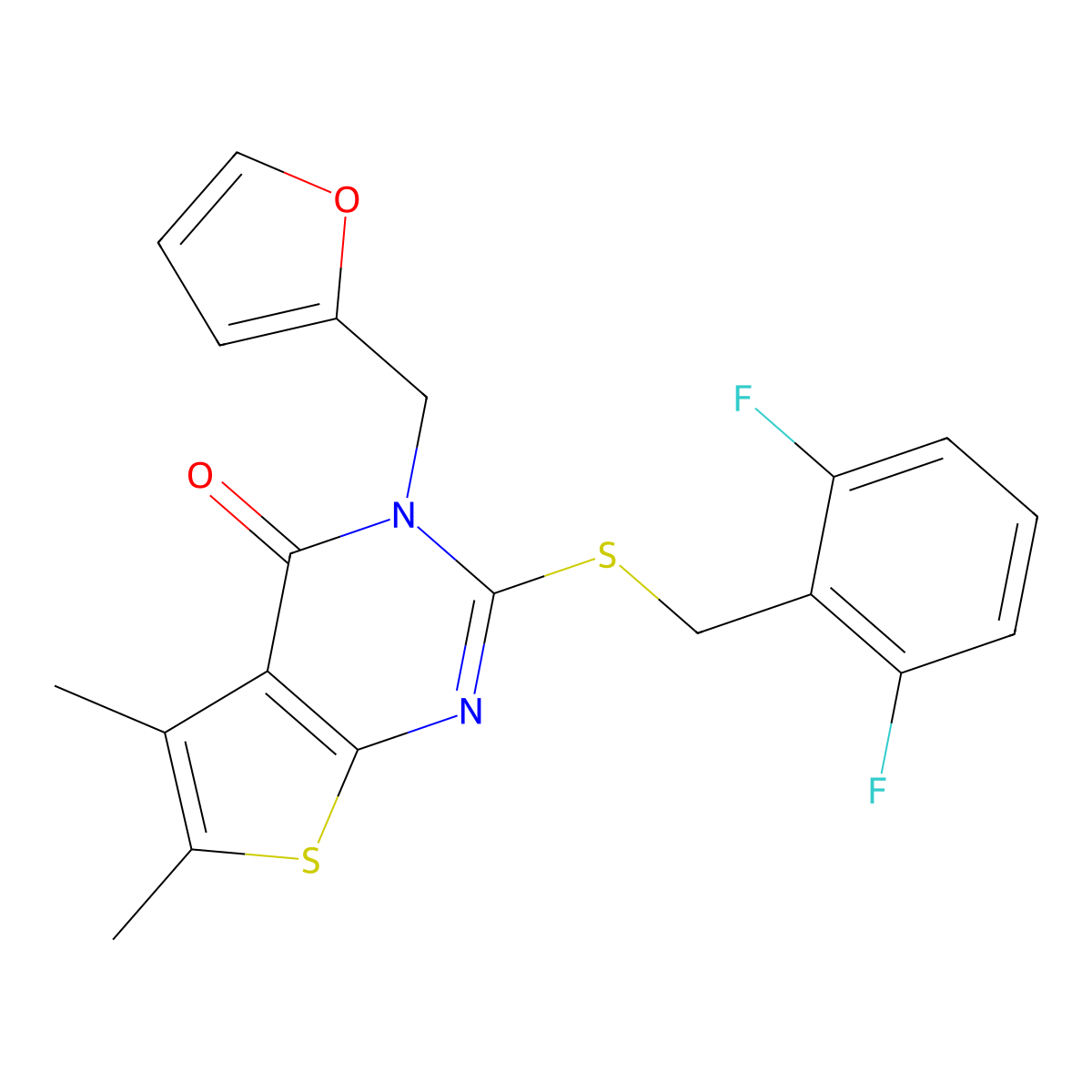 2-[(2,6-difluorobenzyl)sulfanyl]-3-(furan-2-ylmethyl)-5,6-dimethylthieno[2,3-d]pyrimidin-4(3H)-one molecular structure, CAS 573929-92-7