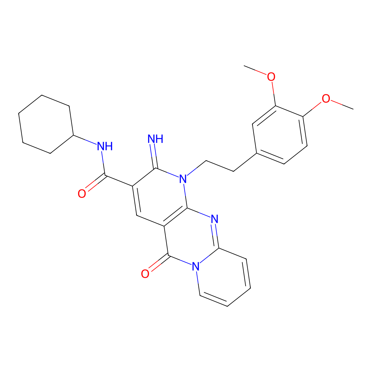 {1-[2-(3,4-dimethoxyphenyl)ethyl]-2-imino-5-oxo(1,6-dihydropyridino[1,2-a]pyri dino[2,3-d]pyrimidin-3-yl)}-N-cyclohexylcarboxamide molecular structure, CAS 573930-06-0