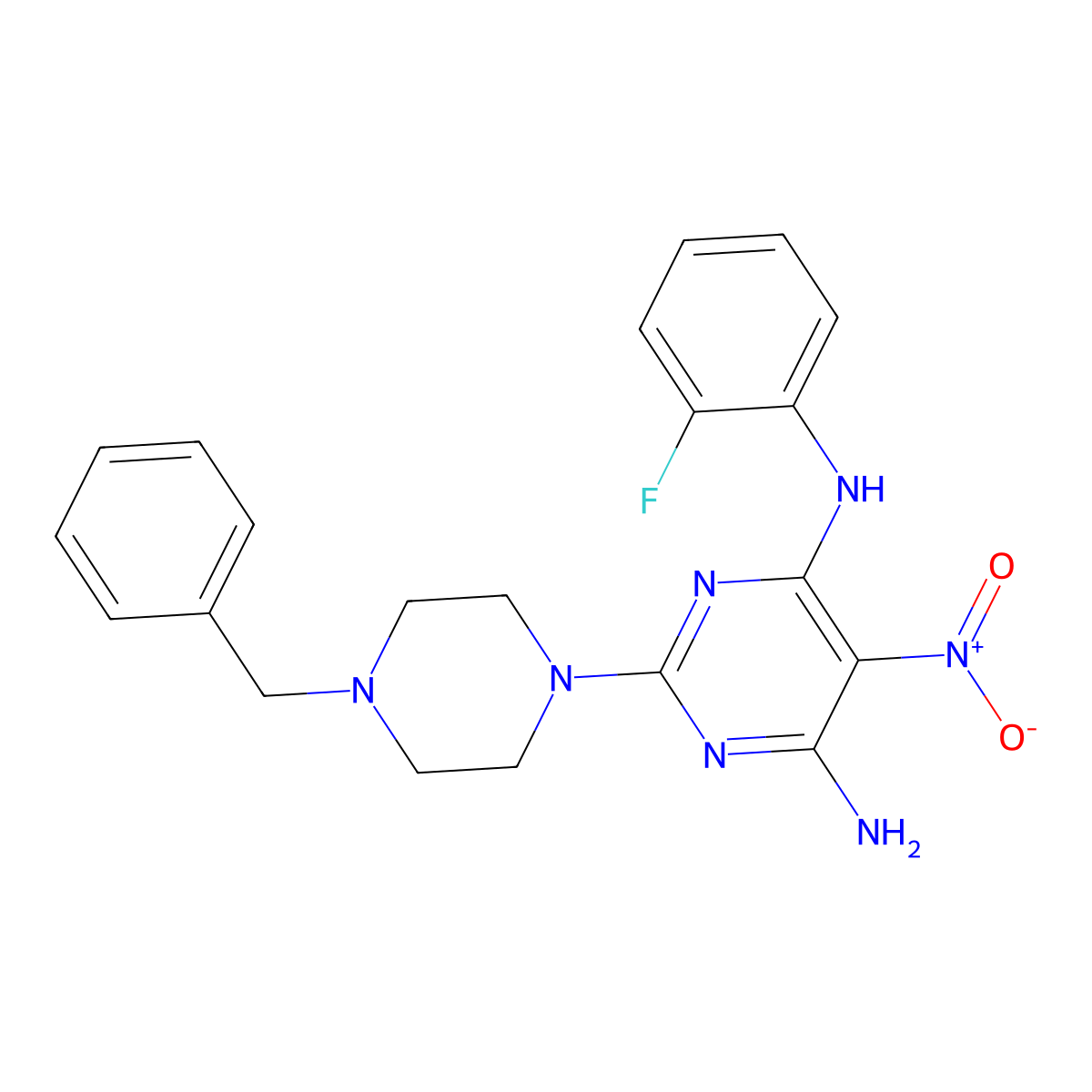 2-(4-benzylpiperazin-1-yl)-N4-(2-fluorophenyl)-5-nitropyrimidine-4,6-diamine molecular structure, CAS 573930-35-5