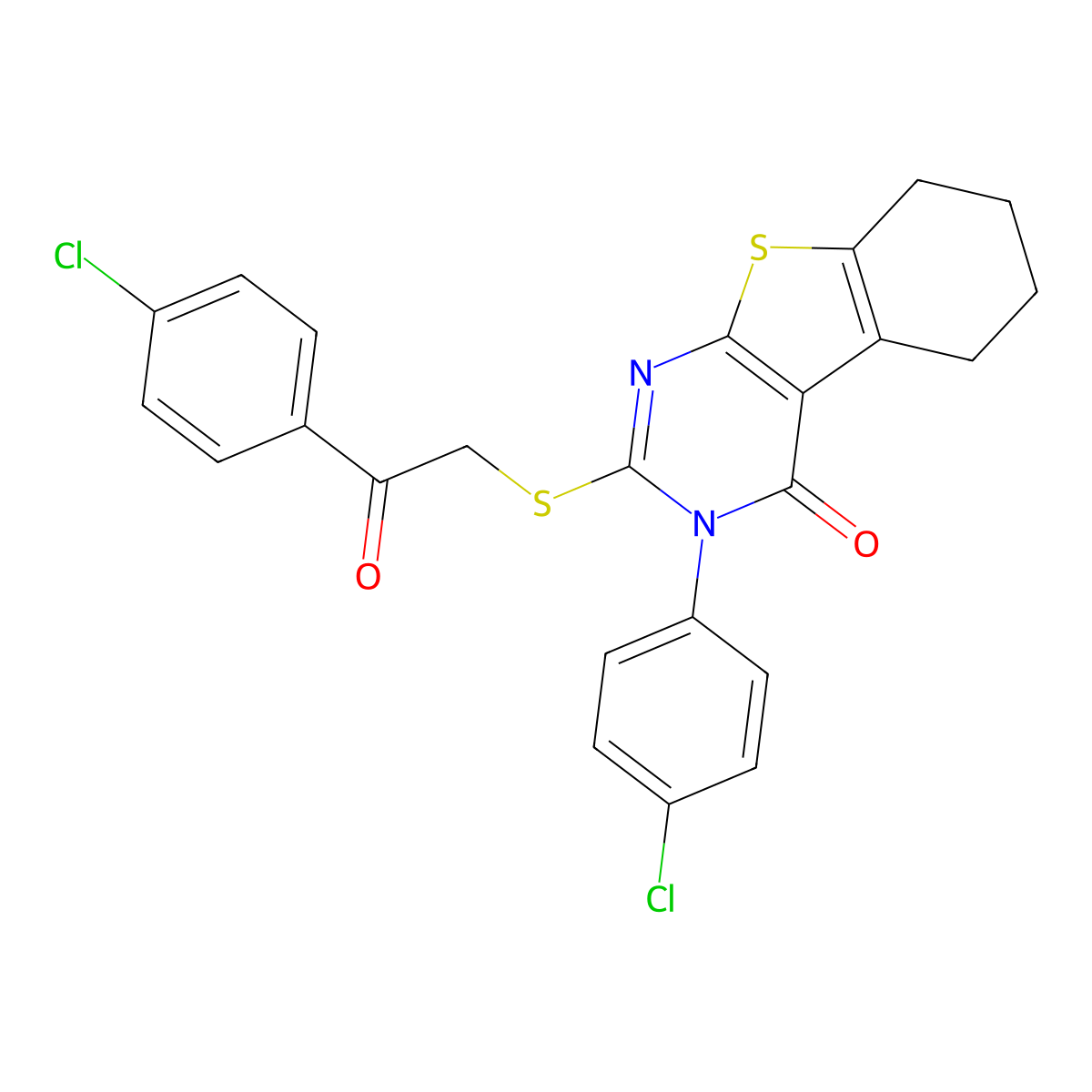 3-(4-Chlorophenyl)-2-{[2-(4-chlorophenyl)-2-oxoethyl]sulfanyl}-5,6,7,8-tetrahydro[1]benzothieno[2,3-D]pyrimidin-4(3H)-one molecular structure, CAS 573930-44-6