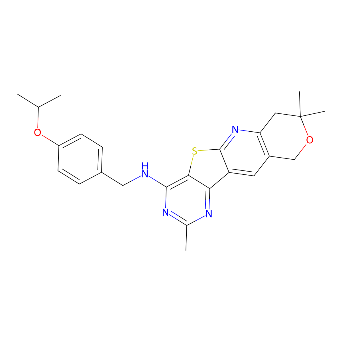 N-(4-isopropoxybenzyl)-2,8,8-trimethyl-8,10-dihydro-7H-pyrano[3'',4'':5',6']pyrido[3',2':4,5]thieno[3,2-d]pyrimidin-4-amine molecular structure, CAS 573930-56-0