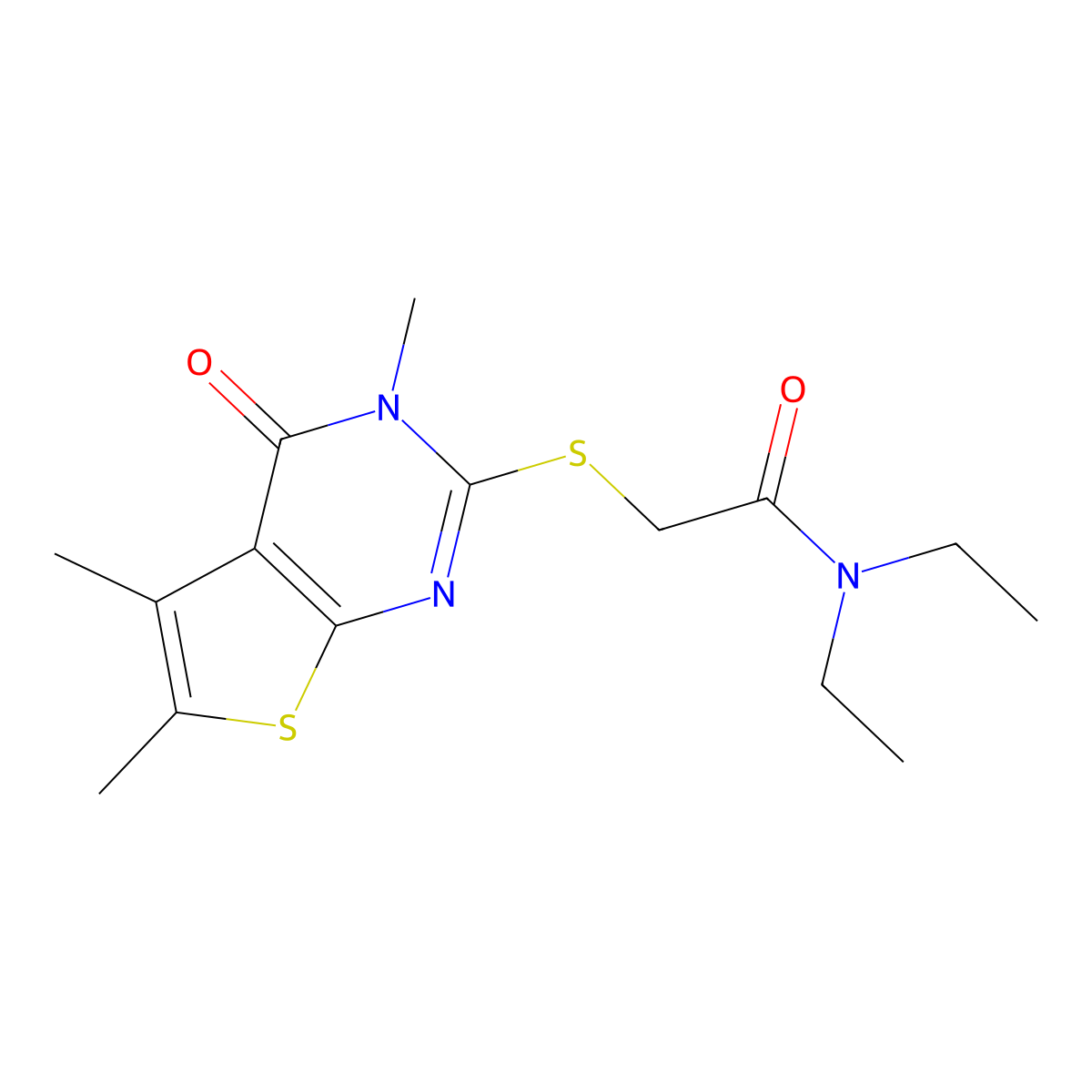 N,N-diethyl-2-(3,5,6-trimethyl-4-oxo(3-hydrothiopheno[2,3-d]pyrimidin-2-ylthio))acetamide molecular structure, CAS 573930-91-3