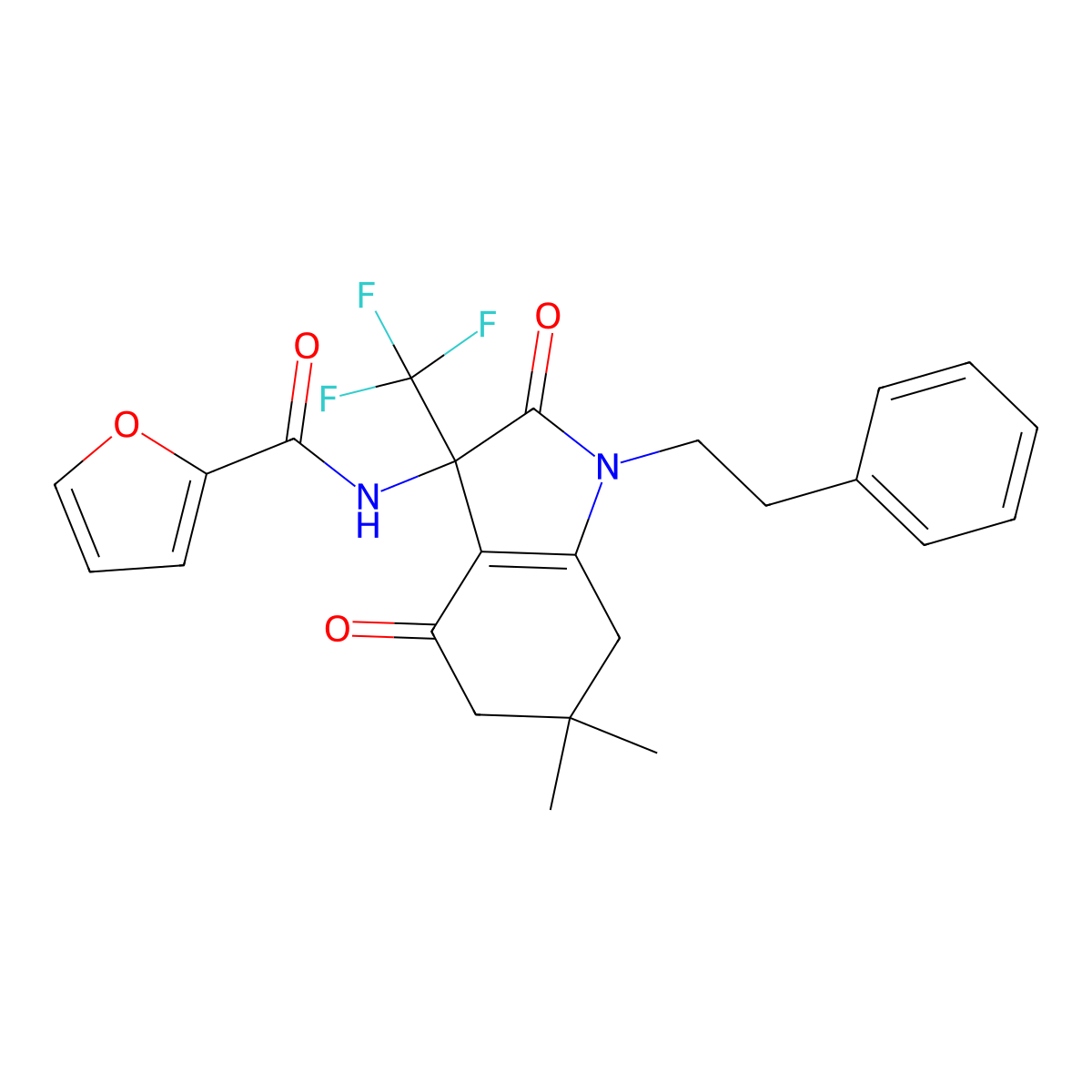 N-[6,6-dimethyl-2,4-dioxo-1-(2-phenylethyl)-3-(trifluoromethyl)-2,3,4,5,6,7-hexahydro-1H-indol-3-yl]furan-2-carboxamide molecular structure, CAS 573931-17-6