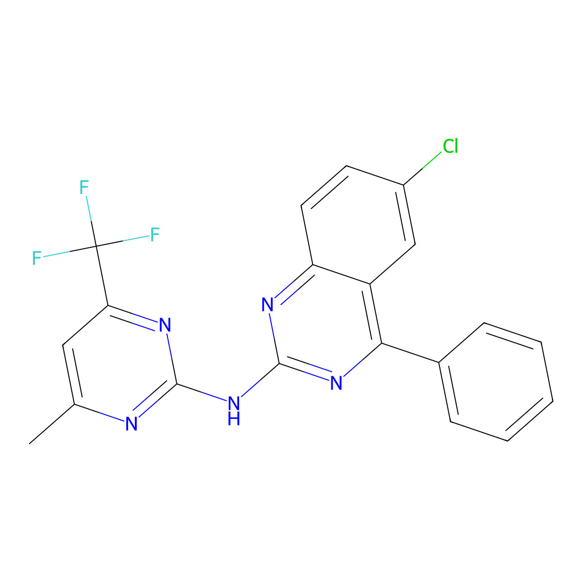 6-chloro-N-[4-methyl-6-(trifluoromethyl)pyrimidin-2-yl]-4-phenylquinazolin-2-amine molecular structure, CAS 573931-27-8