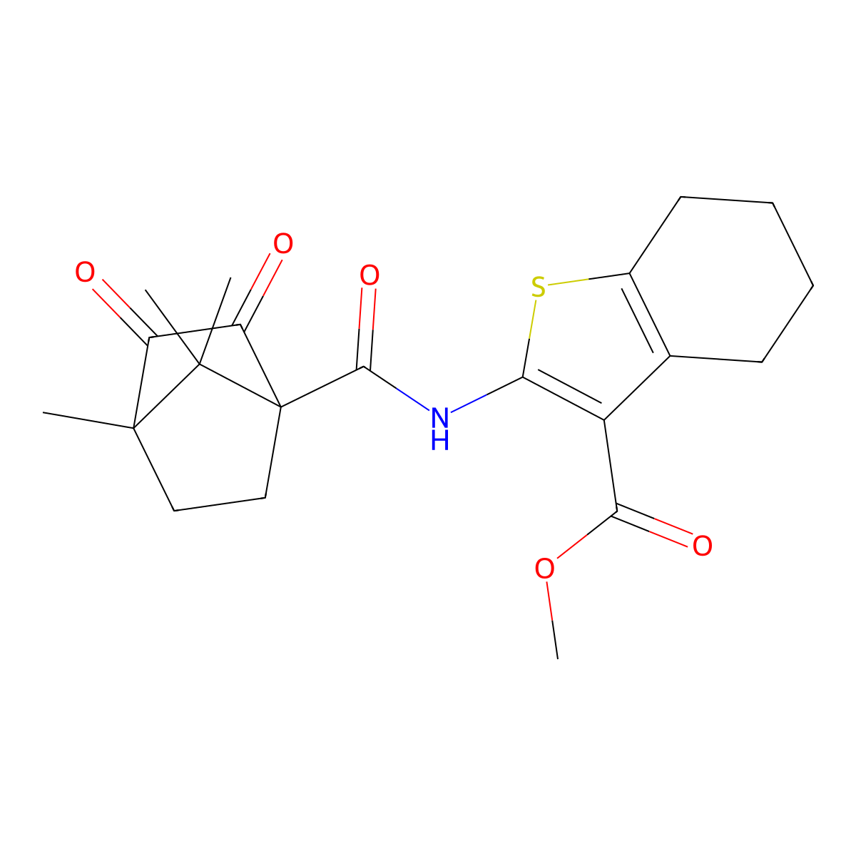 Methyl 2-(4,7,7-trimethyl-2,3-dioxobicyclo[2.2.1]heptane-1-carboxamido)-4,5,6,7-tetrahydrobenzo[b]thiophene-3-carboxylate molecular structure, CAS 573931-83-6