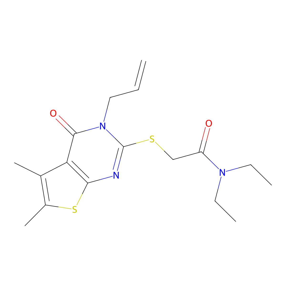 2-(5,6-dimethyl-4-oxo-3-prop-2-enyl(3-hydrothiopheno[2,3-d]pyrimidin-2-ylthio))-N,N-diethylacetamide molecular structure, CAS 573932-58-8