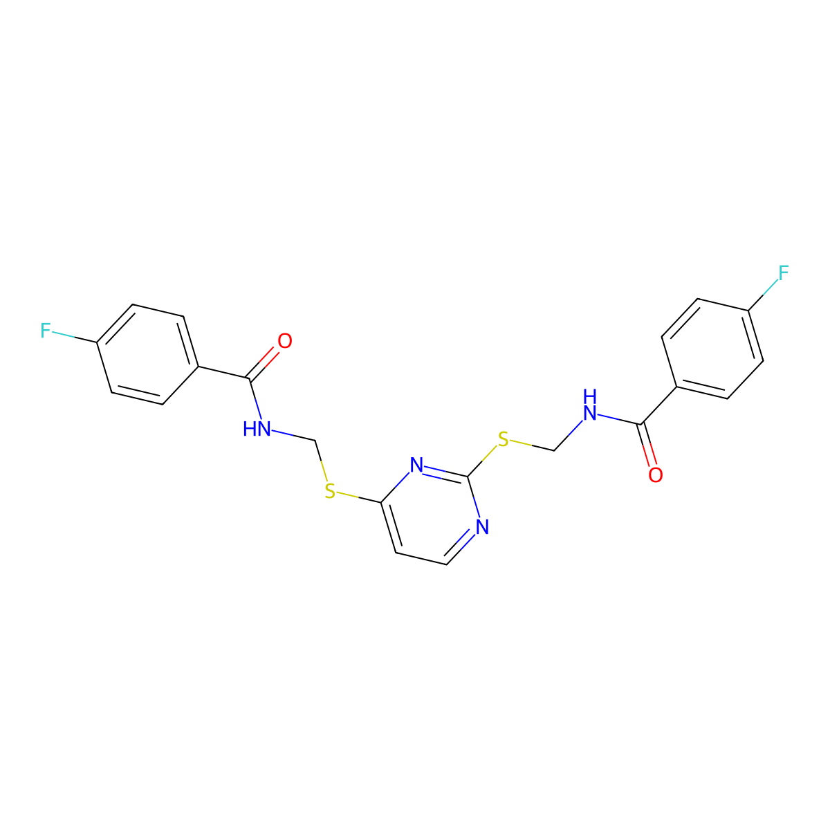 4-fluoro-N-({[2-({[(4-fluorophenyl)formamido]methyl}sulfanyl)pyrimidin-4-yl]sulfanyl}methyl)benzamide molecular structure, CAS 573932-92-0