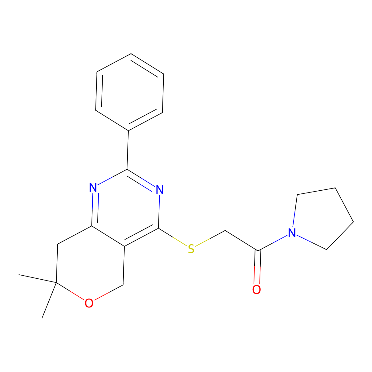 2-[(7,7-Dimethyl-2-phenyl-5,8-dihydropyrano[4,3-d]pyrimidin-4-yl)sulfanyl]-1-pyrrolidin-1-ylethanone molecular structure, CAS 573933-30-9