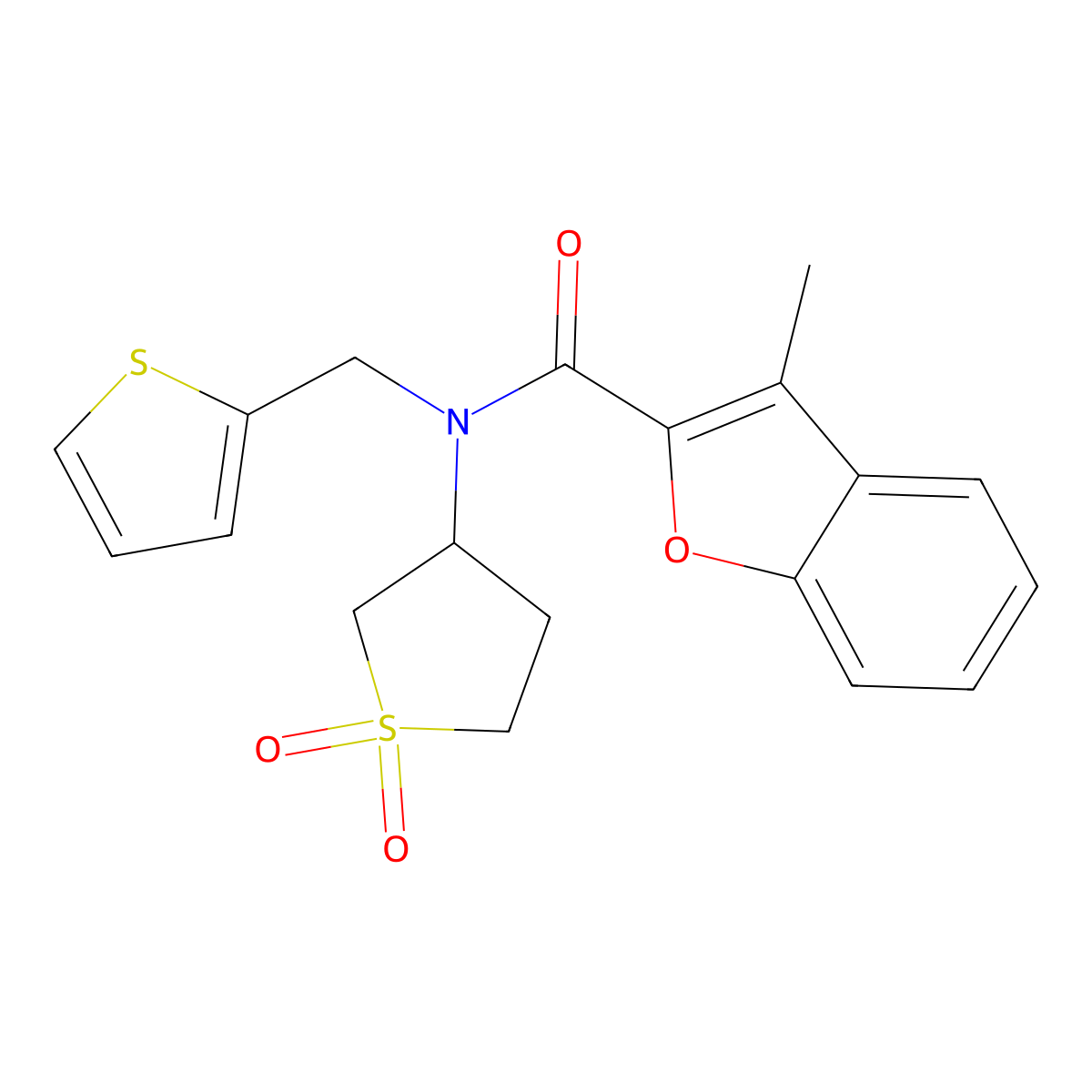 N-(1,1-dioxidotetrahydrothiophen-3-yl)-3-methyl-N-(thiophen-2-ylmethyl)-1-benzofuran-2-carboxamide molecular structure, CAS 573933-49-0