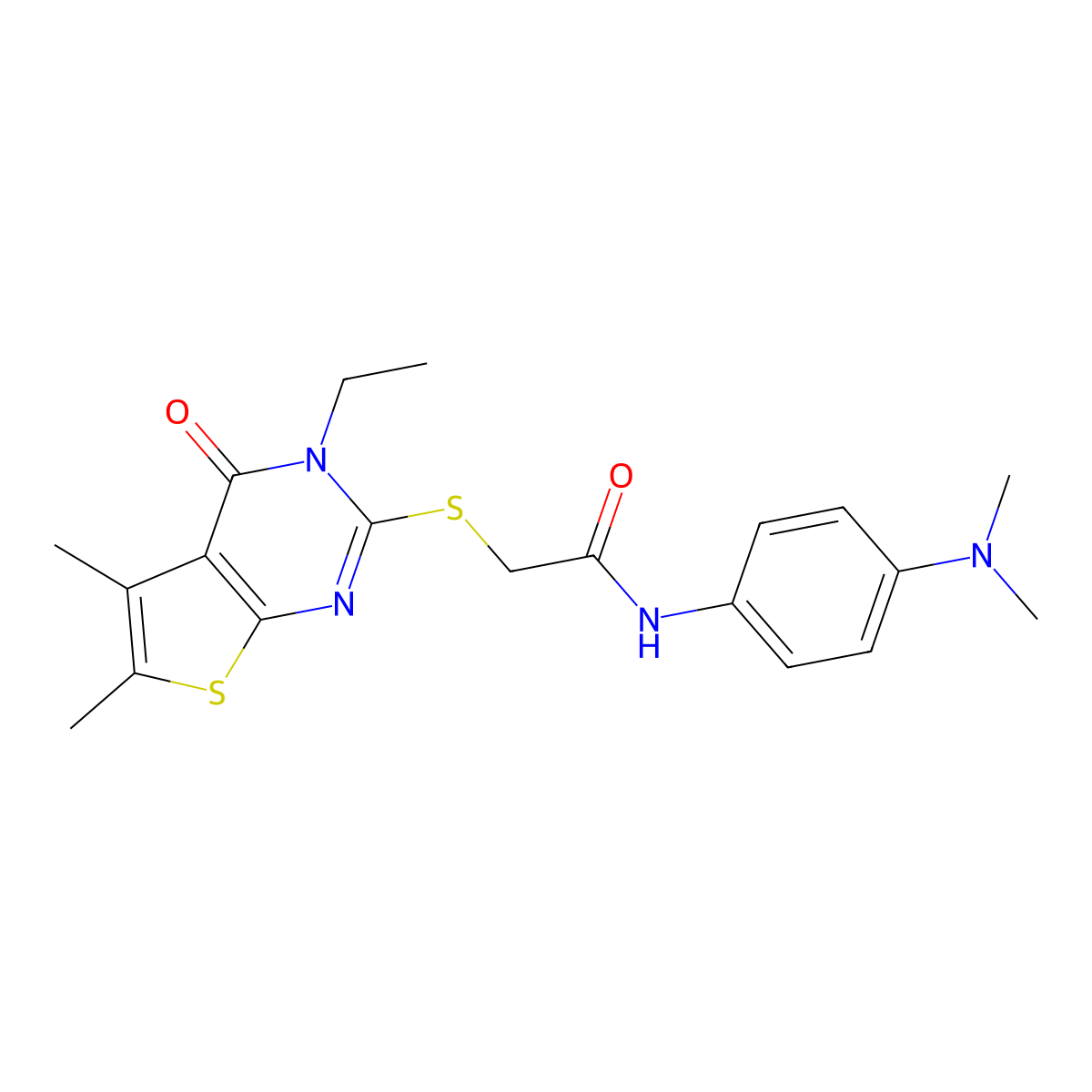 N-[4-(Dimethylamino)phenyl]-2-[(3-ethyl-5,6-dimethyl-4-oxo-3,4-dihydrothieno[2,3-D]pyrimidin-2-YL)sulfanyl]acetamide molecular structure, CAS 573933-61-6
