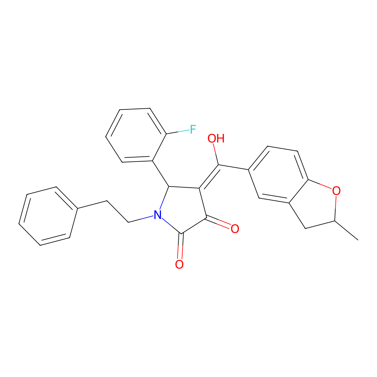 5-(2-fluorophenyl)-3-hydroxy-4-(2-methyl-2,3-dihydro-1-benzofuran-5-carbonyl)-1-(2-phenylethyl)-2,5-dihydro-1H-pyrrol-2-one molecular structure, CAS 573933-62-7