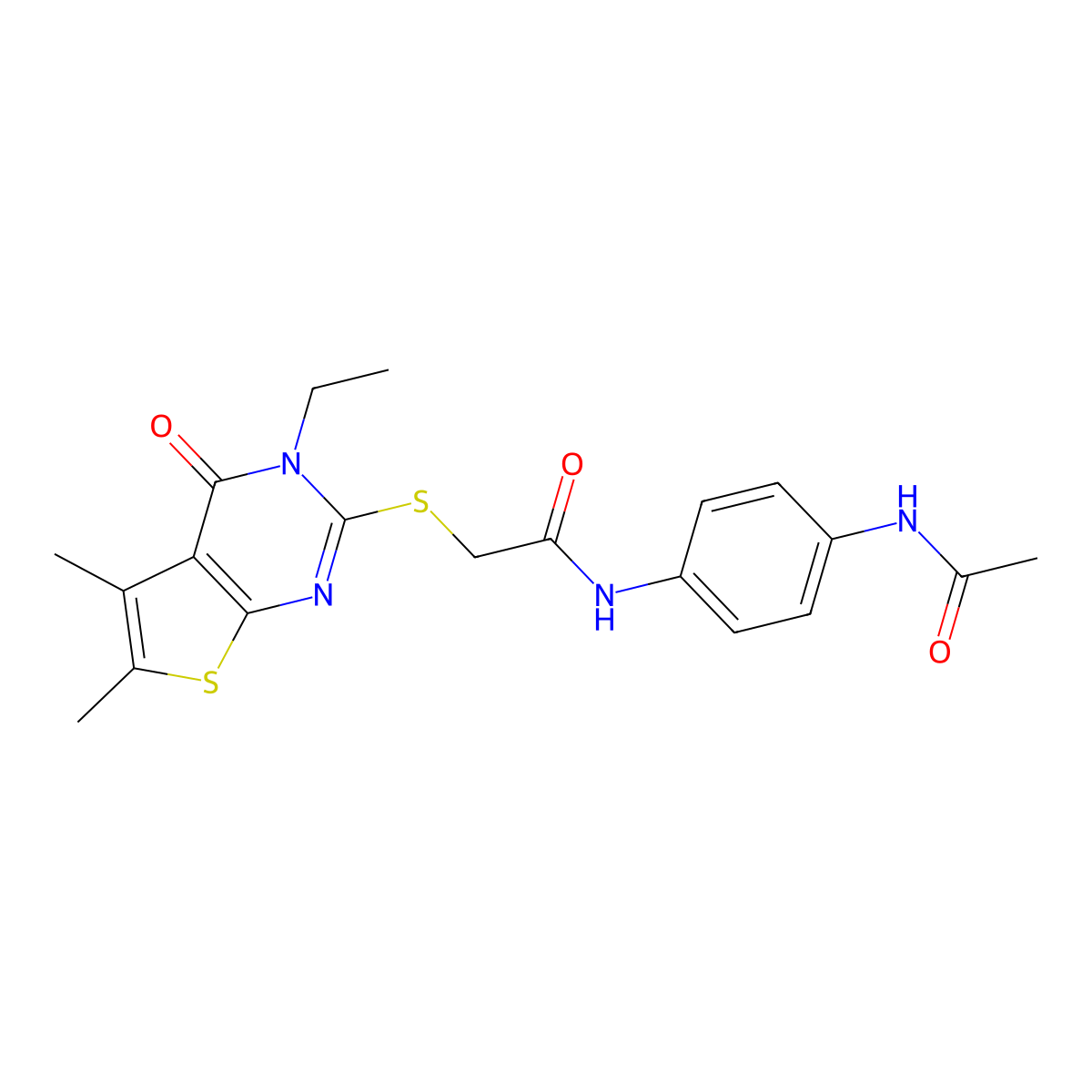 N-(4-(Acetylamino)phenyl)-2-((3-ethyl-5,6-dimethyl-4-oxo-3,4-dihydrothieno(2,3-D)pyrimidin-2-YL)sulfanyl)acetamide molecular structure, CAS 573933-77-4