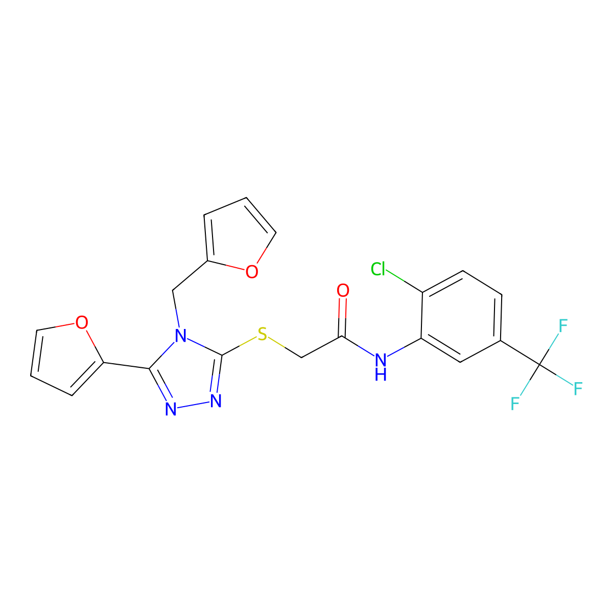 N-[2-chloro-5-(trifluoromethyl)phenyl]-2-{[5-(furan-2-yl)-4-(furan-2-ylmethyl)-4H-1,2,4-triazol-3-yl]sulfanyl}acetamide molecular structure, CAS 573934-12-0