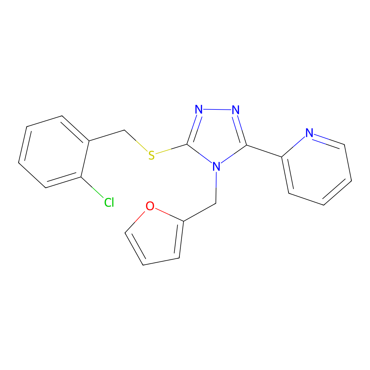2-[5-[(2-Chlorophenyl)methylthio]-4-(2-furanylmethyl)-1,2,4-triazol-3-yl]pyridine molecular structure, CAS 573934-18-6