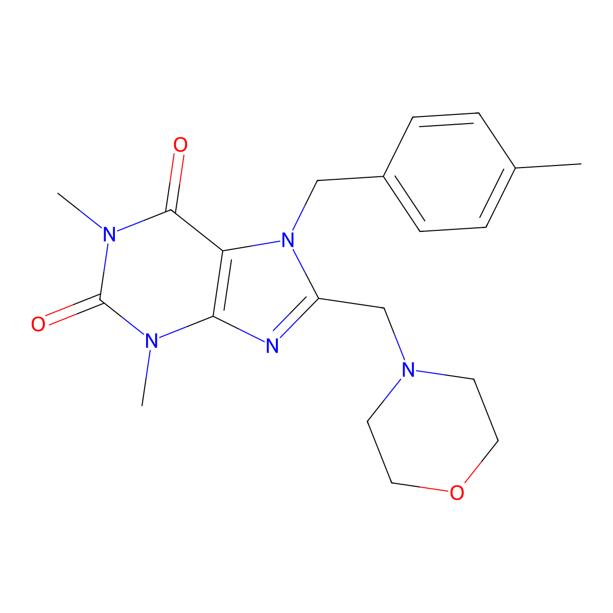 1,3-Dimethyl-7-(4-methyl-benzyl)-8-morpholin-4-ylmethyl-3,7-dihydro-purine-2,6-dione molecular structure, CAS 573934-34-6