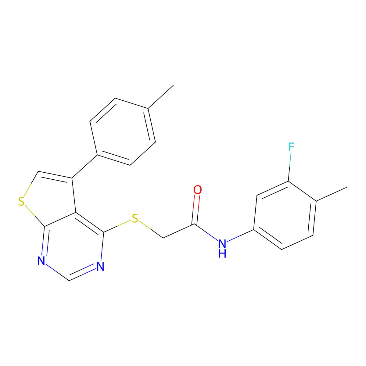 N-(3-fluoro-4-methylphenyl)-2-{[5-(4-methylphenyl)thieno[2,3-d]pyrimidin-4-yl]sulfanyl}acetamide molecular structure, CAS 573934-54-0