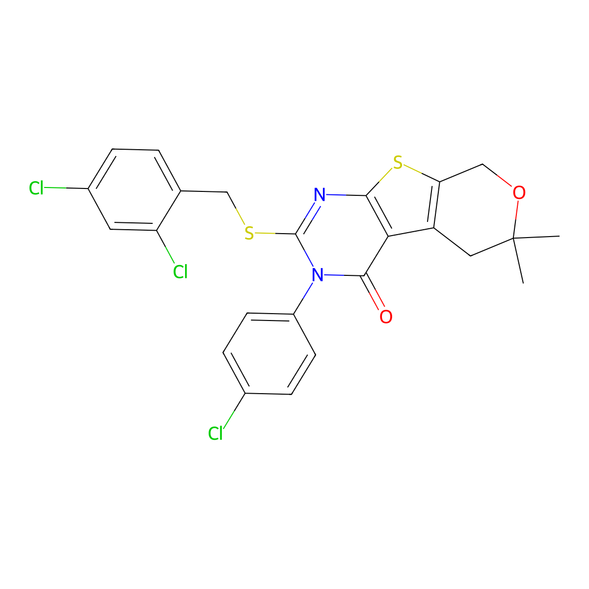 3-(4-chlorophenyl)-2-[(2,4-dichlorobenzyl)sulfanyl]-6,6-dimethyl-3,5,6,8-tetrahydro-4H-pyrano[4',3':4,5]thieno[2,3-d]pyrimidin-4-one molecular structure, CAS 573934-68-6