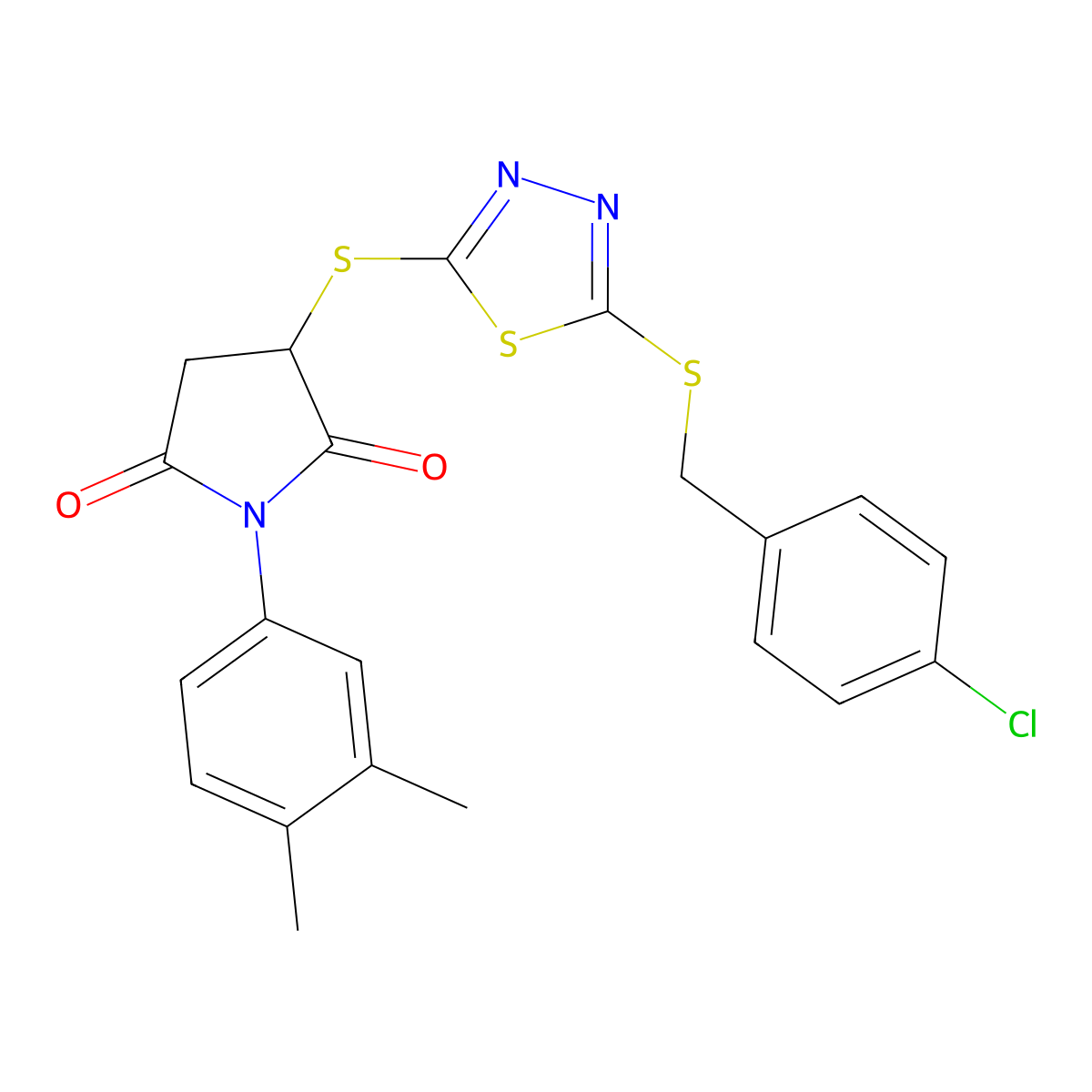 3-({5-[(4-Chlorobenzyl)sulfanyl]-1,3,4-thiadiazol-2-yl}sulfanyl)-1-(3,4-dimethylphenyl)pyrrolidine-2,5-dione molecular structure, CAS 573935-47-4