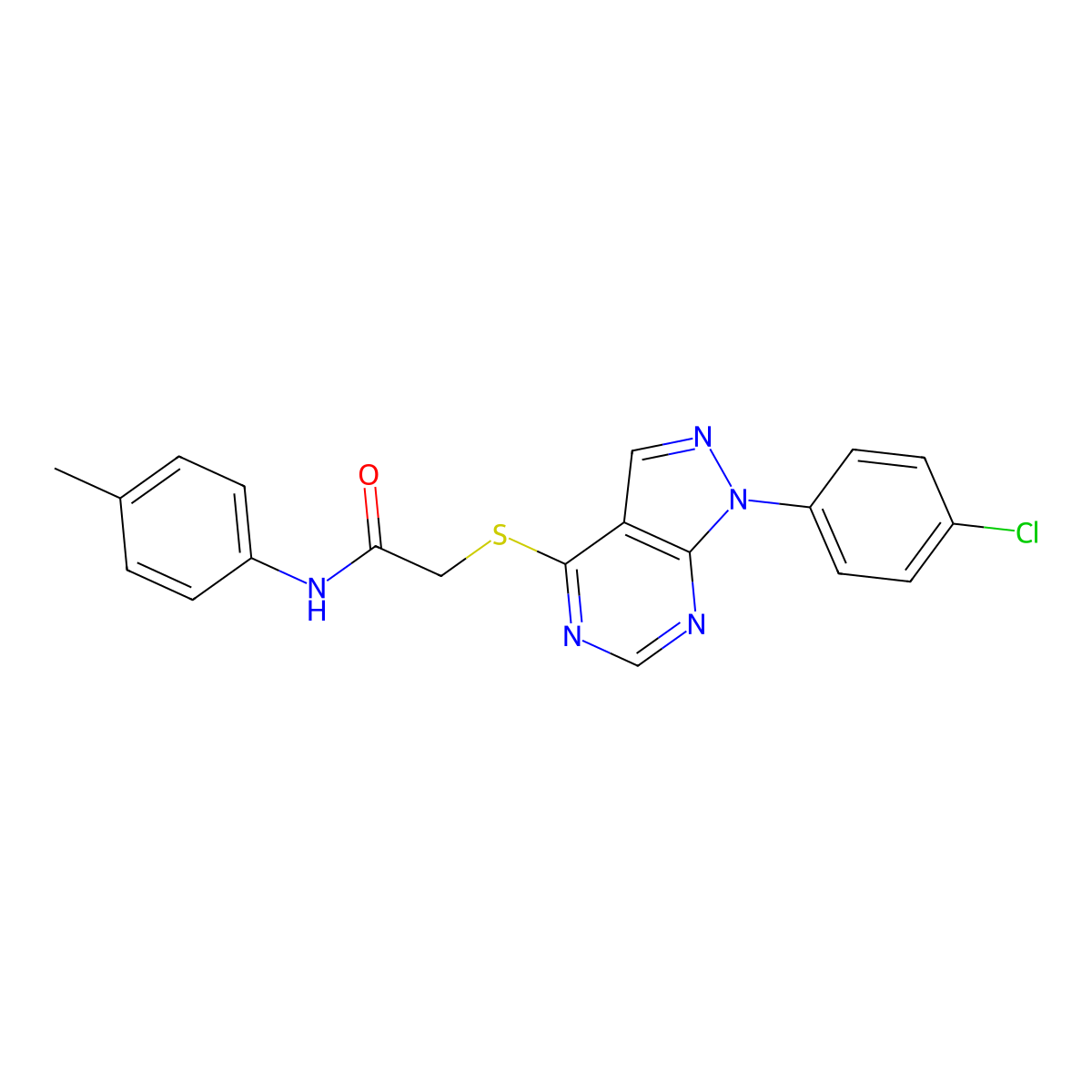 2-((1-(4-chlorophenyl)-1H-pyrazolo[3,4-d]pyrimidin-4-yl)thio)-N-(p-tolyl)acetamide molecular structure, CAS 573936-14-8