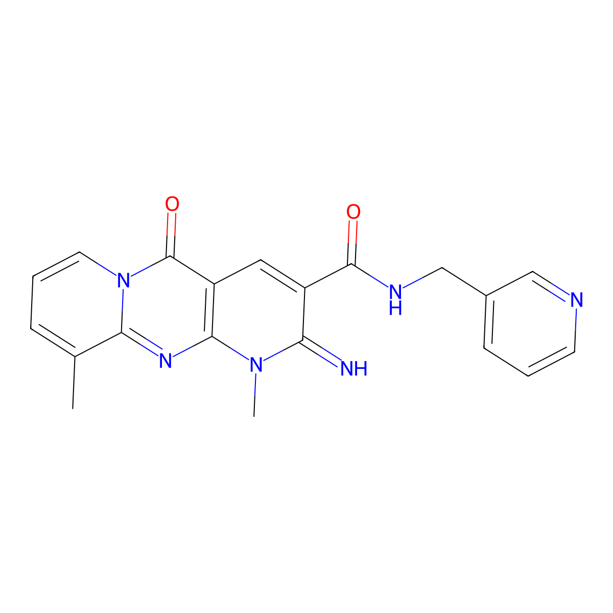 2-imino-1,10-dimethyl-5-oxo-N-(pyridin-3-ylmethyl)-2,5-dihydro-1H-dipyrido[1,2-a:2',3'-d]pyrimidine-3-carboxamide molecular structure, CAS 573936-35-3