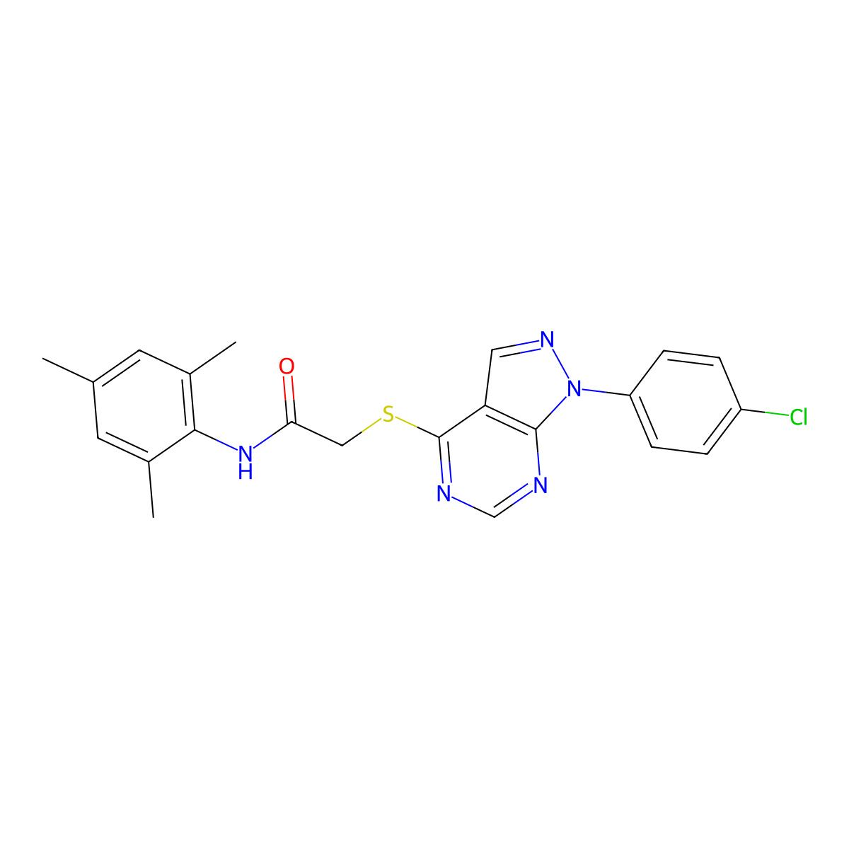 2-((1-(4-chlorophenyl)-1H-pyrazolo[3,4-d]pyrimidin-4-yl)thio)-N-mesitylacetamide molecular structure, CAS 573936-40-0