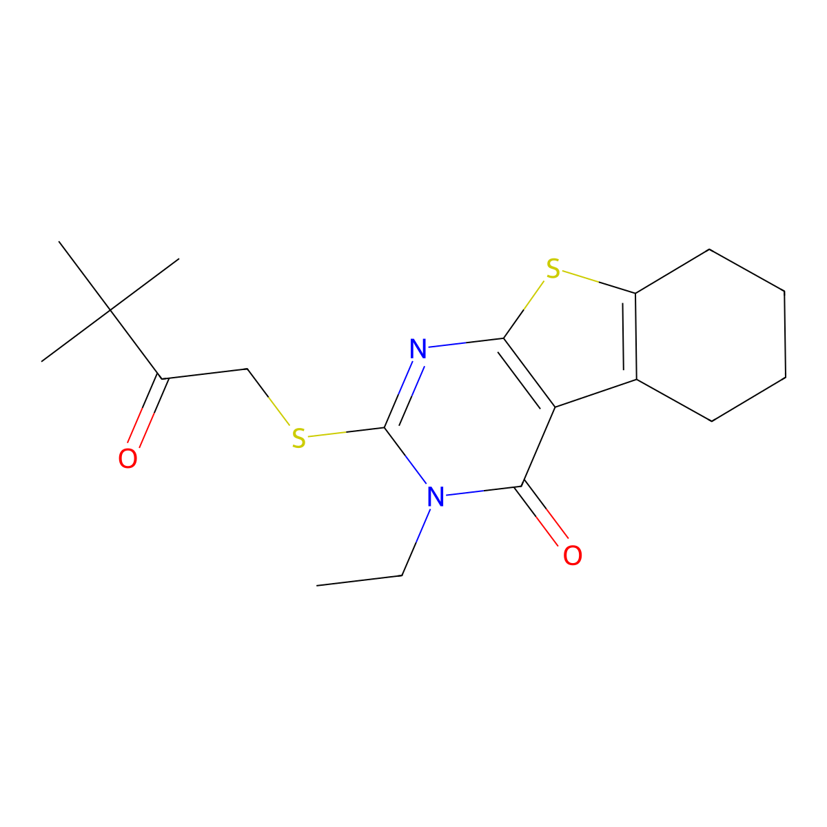 2-(3,3-Dimethyl-2-oxobutyl)sulfanyl-3-ethyl-5,6,7,8-tetrahydro-[1]benzothiolo[2,3-d]pyrimidin-4-one molecular structure, CAS 573936-53-5