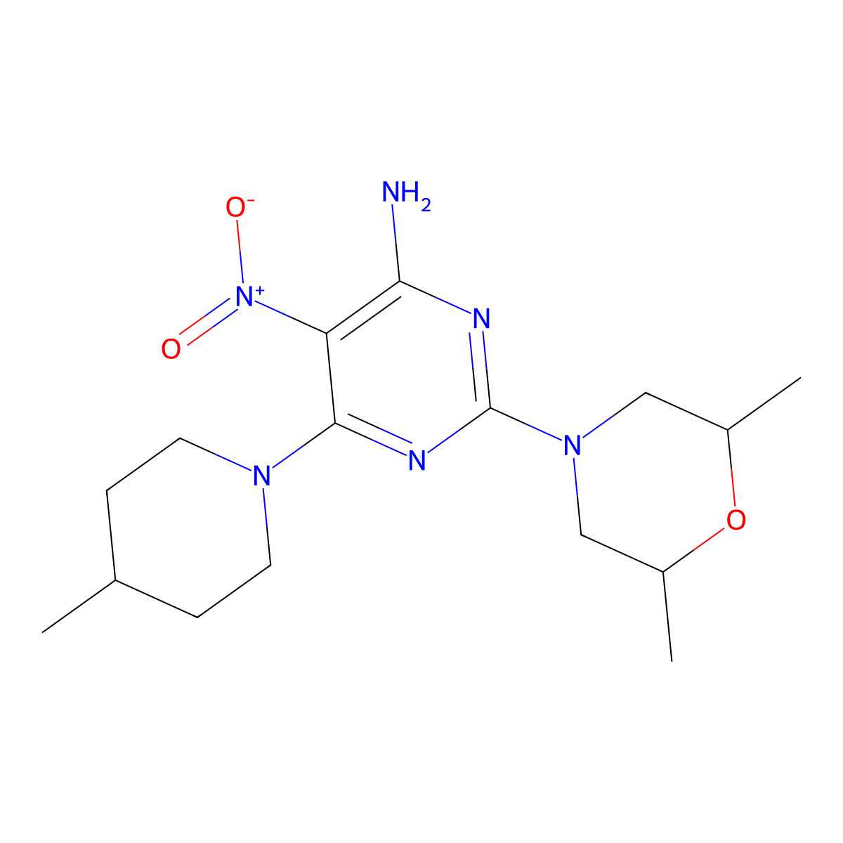 2-(2,6-Dimethylmorpholin-4-yl)-6-(4-methylpiperidin-1-yl)-5-nitropyrimidin-4-amine molecular structure, CAS 573936-75-1