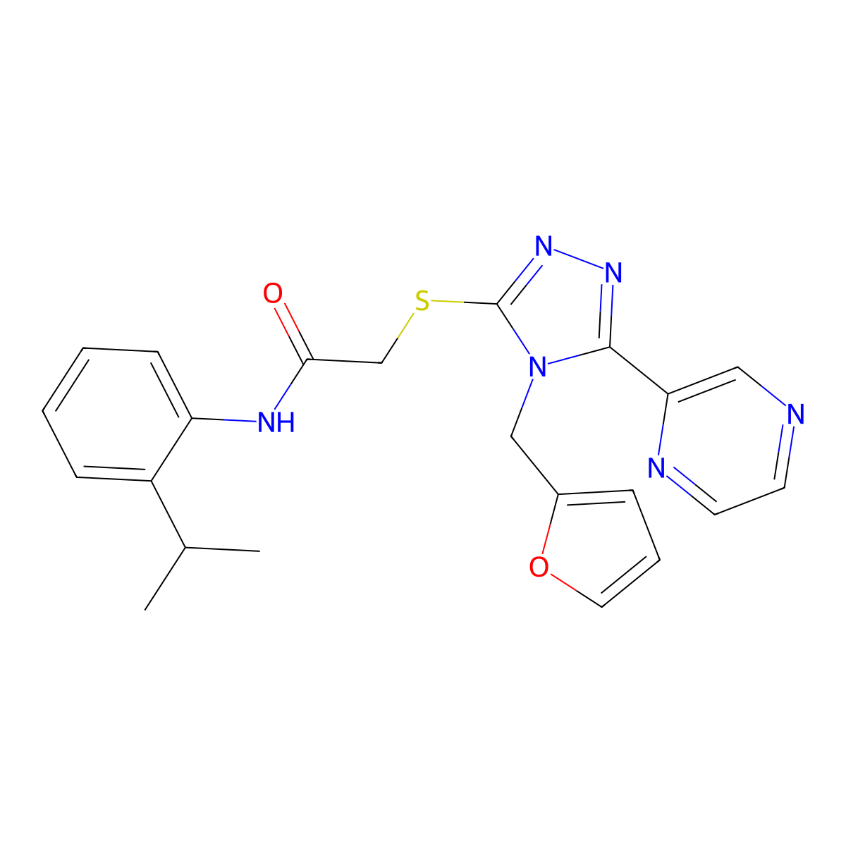 2-{[4-(furan-2-ylmethyl)-5-(pyrazin-2-yl)-4H-1,2,4-triazol-3-yl]sulfanyl}-N-[2-(propan-2-yl)phenyl]acetamide molecular structure, CAS 573936-92-2