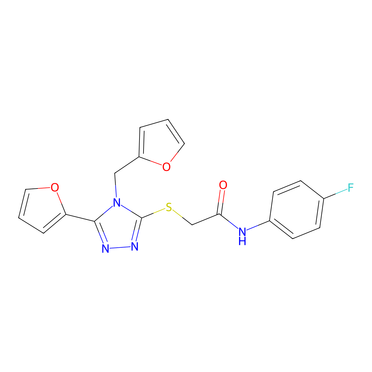 N-(4-fluorophenyl)-2-[[5-(furan-2-yl)-4-(furan-2-ylmethyl)-1,2,4-triazol-3-yl]sulfanyl]acetamide molecular structure, CAS 573936-93-3