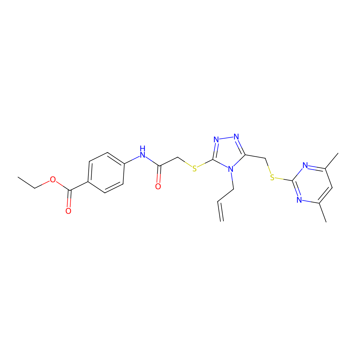 Ethyl 4-[[2-[[5-[(4,6-dimethylpyrimidin-2-yl)sulfanylmethyl]-4-prop-2-enyl-1,2,4-triazol-3-yl]sulfanyl]acetyl]amino]benzoate molecular structure, CAS 573937-38-9