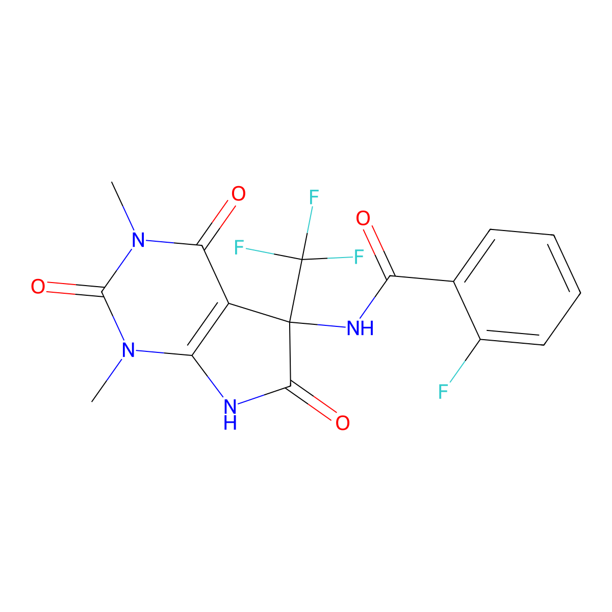 N-[1,3-dimethyl-2,4,6-trioxo-5-(trifluoromethyl)-7H-pyrrolo[2,3-d]pyrimidin-5-yl]-2-fluorobenzamide molecular structure, CAS 573937-59-4