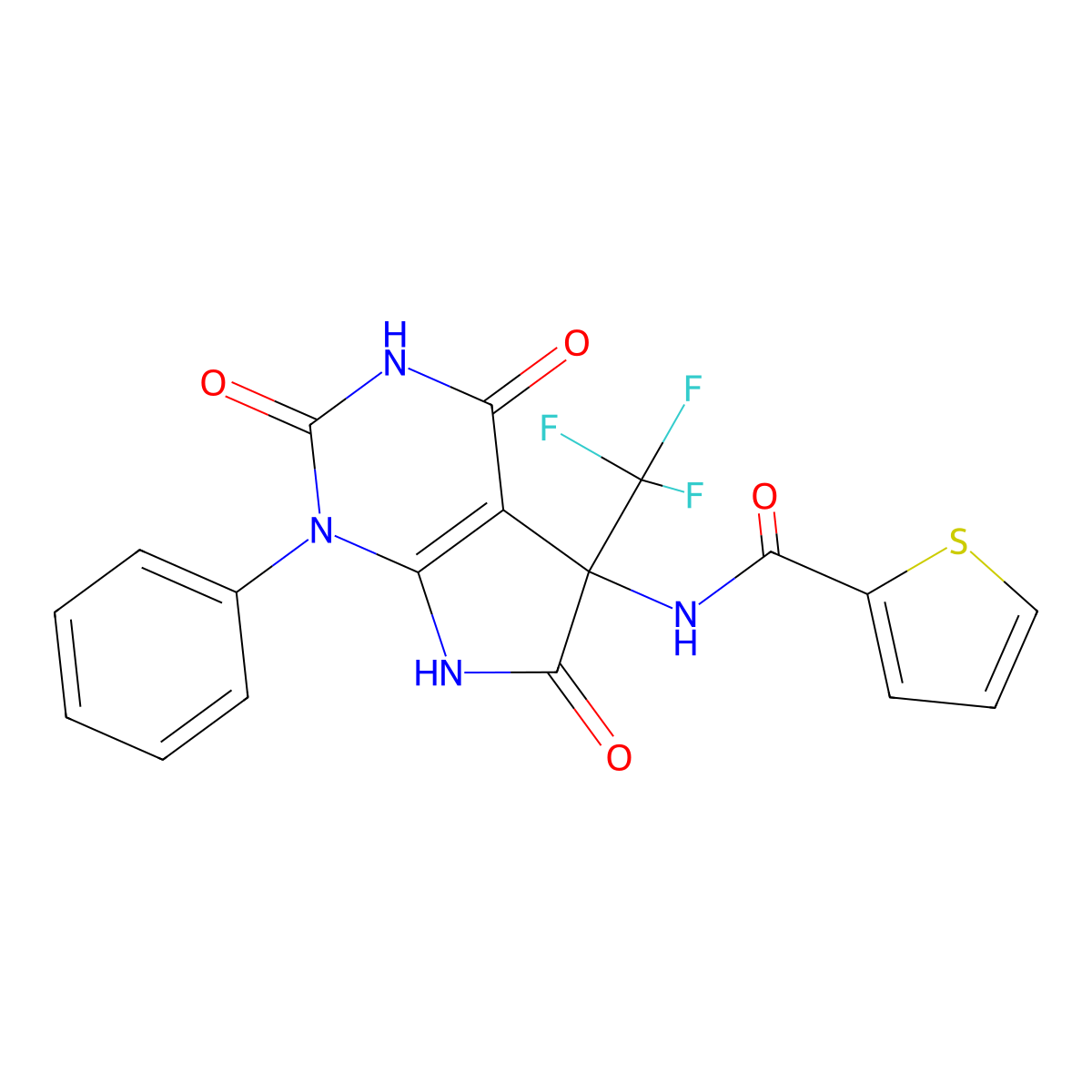 N-[2,4,6-trioxo-1-phenyl-5-(trifluoromethyl)-7H-pyrrolo[2,3-d]pyrimidin-5-yl]thiophene-2-carboxamide molecular structure, CAS 573937-65-2
