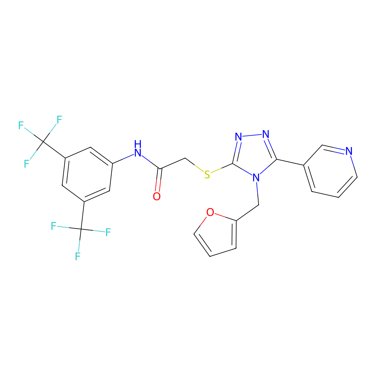 N-[3,5-bis(trifluoromethyl)phenyl]-2-{[4-(furan-2-ylmethyl)-5-(pyridin-3-yl)-4H-1,2,4-triazol-3-yl]sulfanyl}acetamide molecular structure, CAS 573937-90-3