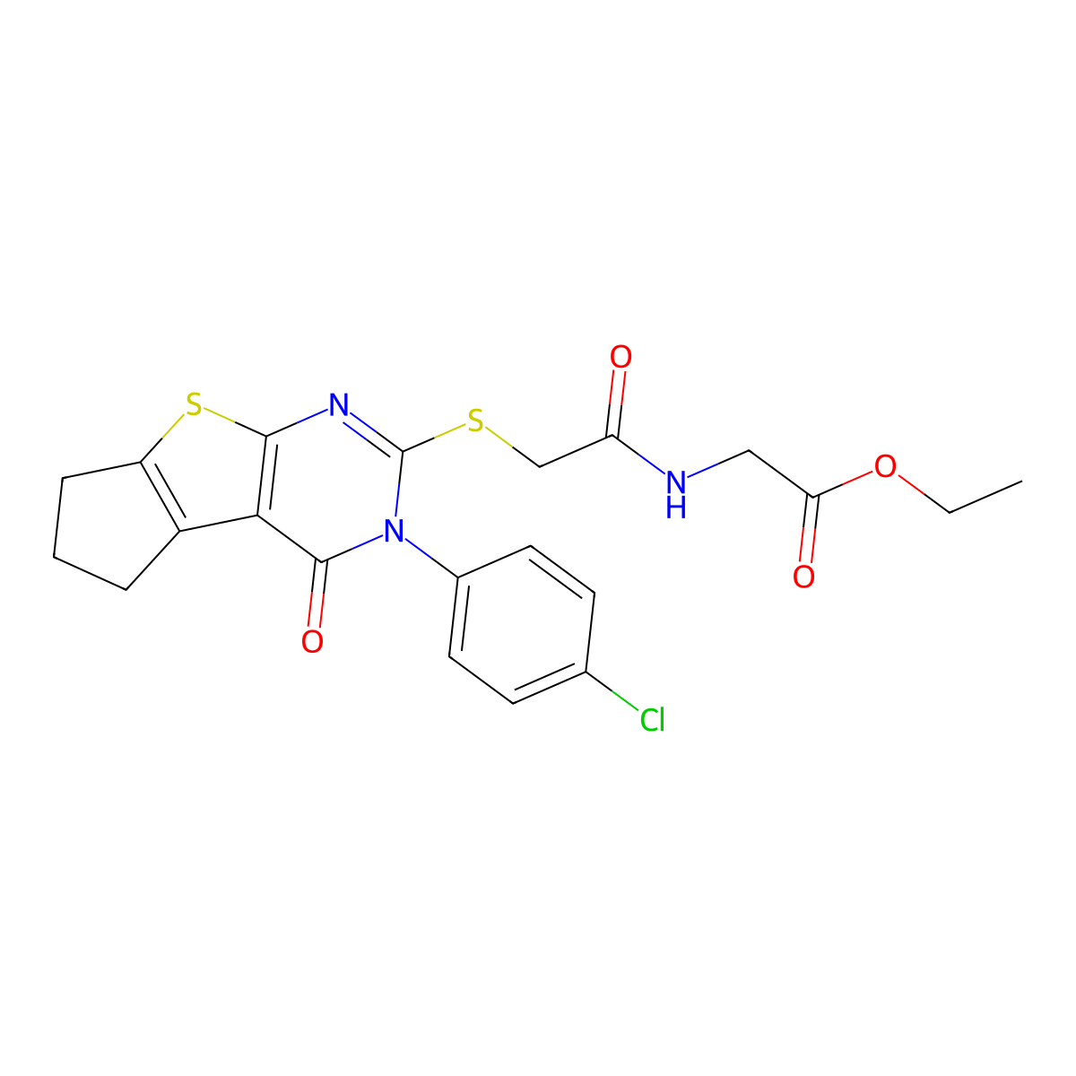 Ethyl ((((3-(4-chlorophenyl)-4-oxo-3,5,6,7-tetrahydro-4H-cyclopenta(4,5)thieno(2,3-D)pyrimidin-2-YL)sulfanyl)acetyl)amino)acetate molecular structure, CAS 573938-02-0