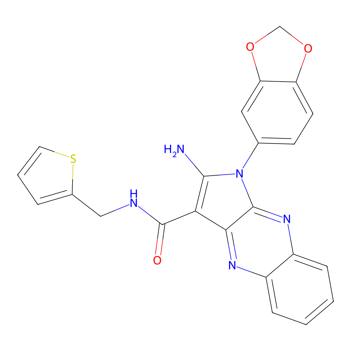 2-amino-1-(benzo[d][1,3]dioxol-5-yl)-N-(thiophen-2-ylmethyl)-1H-pyrrolo[2,3-b]quinoxaline-3-carboxamide molecular structure, CAS 573938-16-6