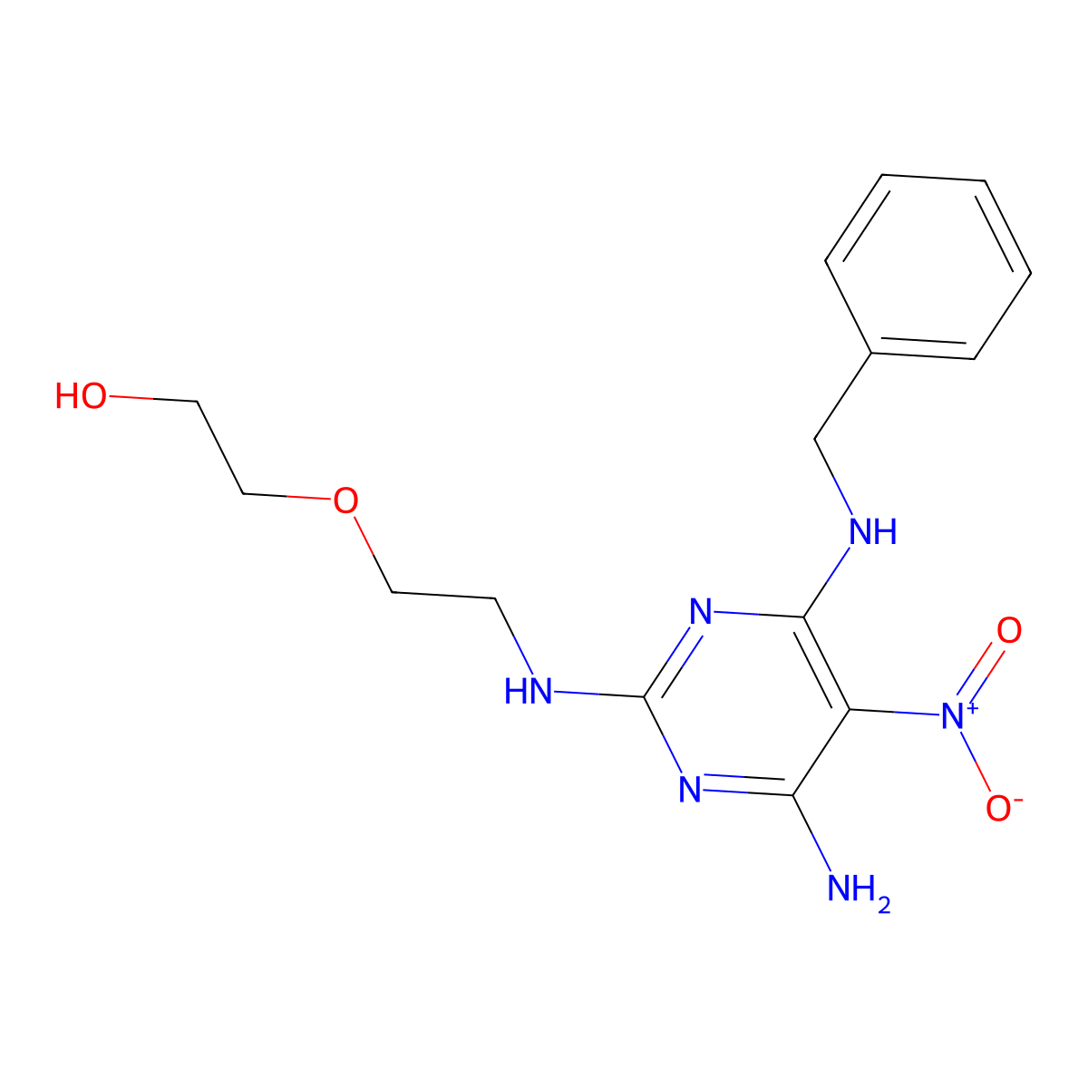 2-(2-((4-Amino-6-(benzylamino)-5-nitropyrimidin-2-yl)amino)ethoxy)ethanol molecular structure, CAS 573938-21-3