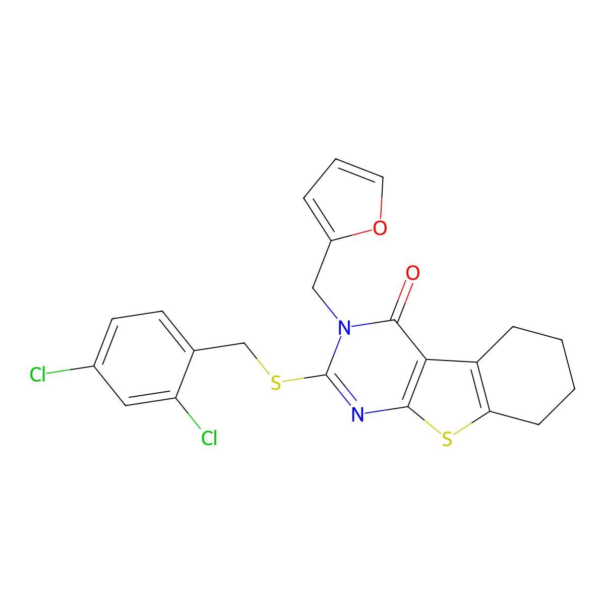 2-[(2,4-dichlorobenzyl)sulfanyl]-3-(furan-2-ylmethyl)-5,6,7,8-tetrahydro[1]benzothieno[2,3-d]pyrimidin-4(3H)-one molecular structure, CAS 573938-23-5