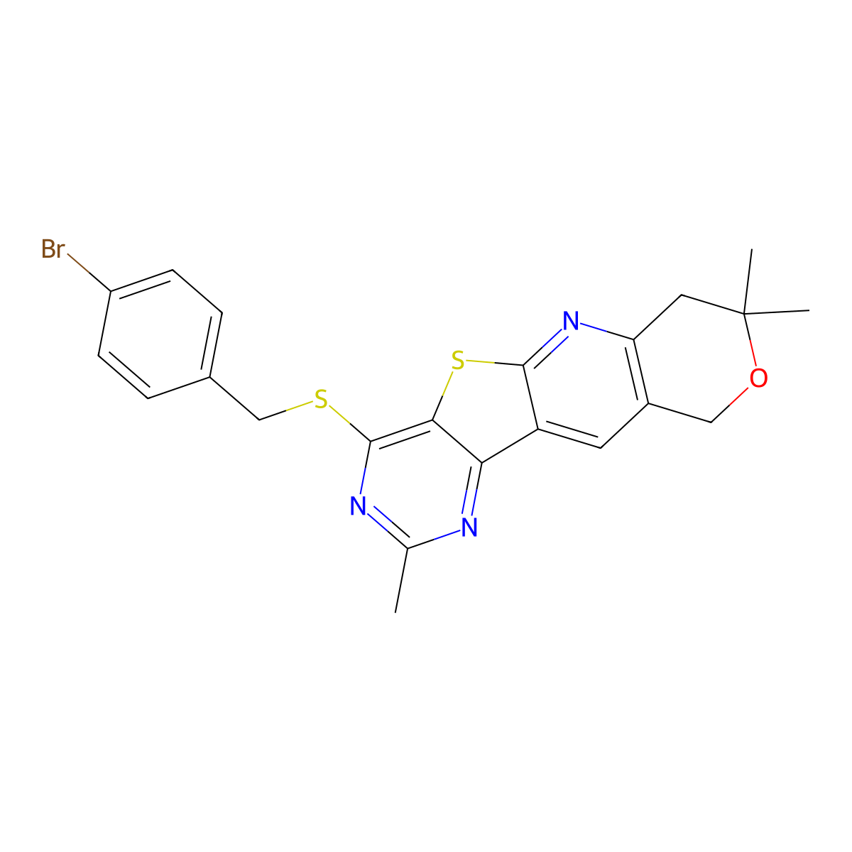 4-((4-bromobenzyl)thio)-2,8,8-trimethyl-8,10-dihydro-7H-pyrano[3'',4'':5',6']pyrido[3',2':4,5]thieno[3,2-d]pyrimidine molecular structure, CAS 573938-28-0