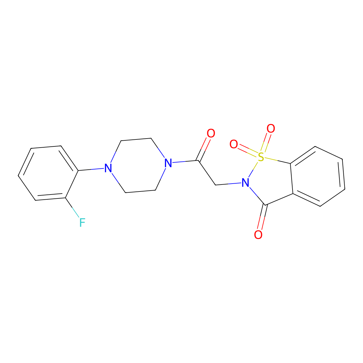 2-[2-[4-(2-Fluorophenyl)-1-piperazinyl]-2-oxoethyl]-1,1-dioxo-1,2-benzothiazol-3-one molecular structure, CAS 573938-97-3