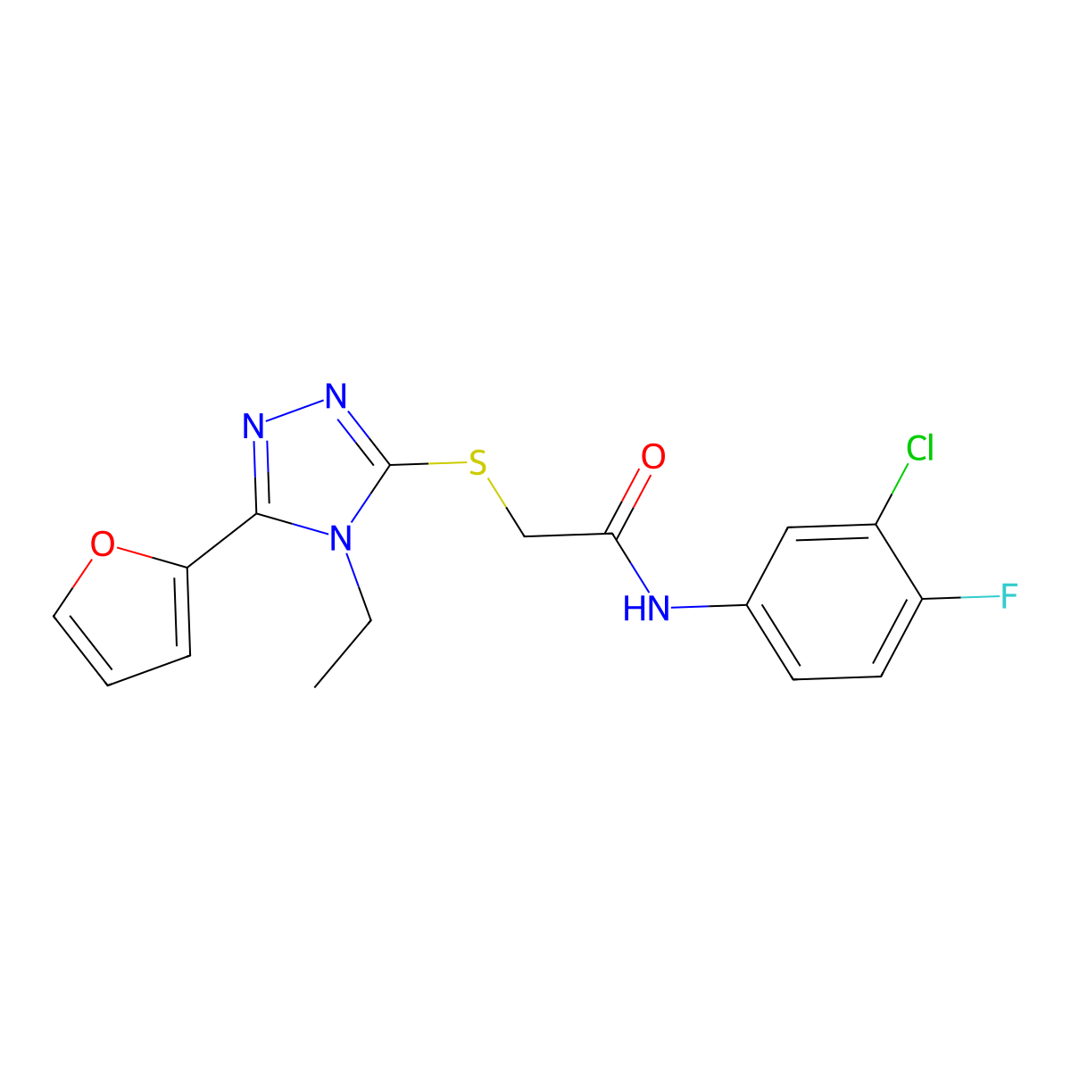 N-(3-CL-4-F-PH)-2-((4-Ethyl-5-(2-furyl)-4H-1,2,4-triazol-3-YL)thio)acetamide molecular structure, CAS 573939-18-1