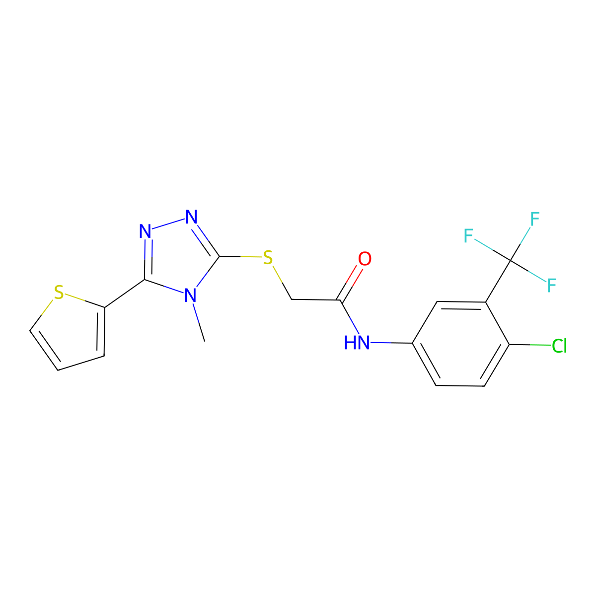 N-[4-chloro-3-(trifluoromethyl)phenyl]-2-{[4-methyl-5-(thiophen-2-yl)-4H-1,2,4-triazol-3-yl]sulfanyl}acetamide molecular structure, CAS 573939-21-6