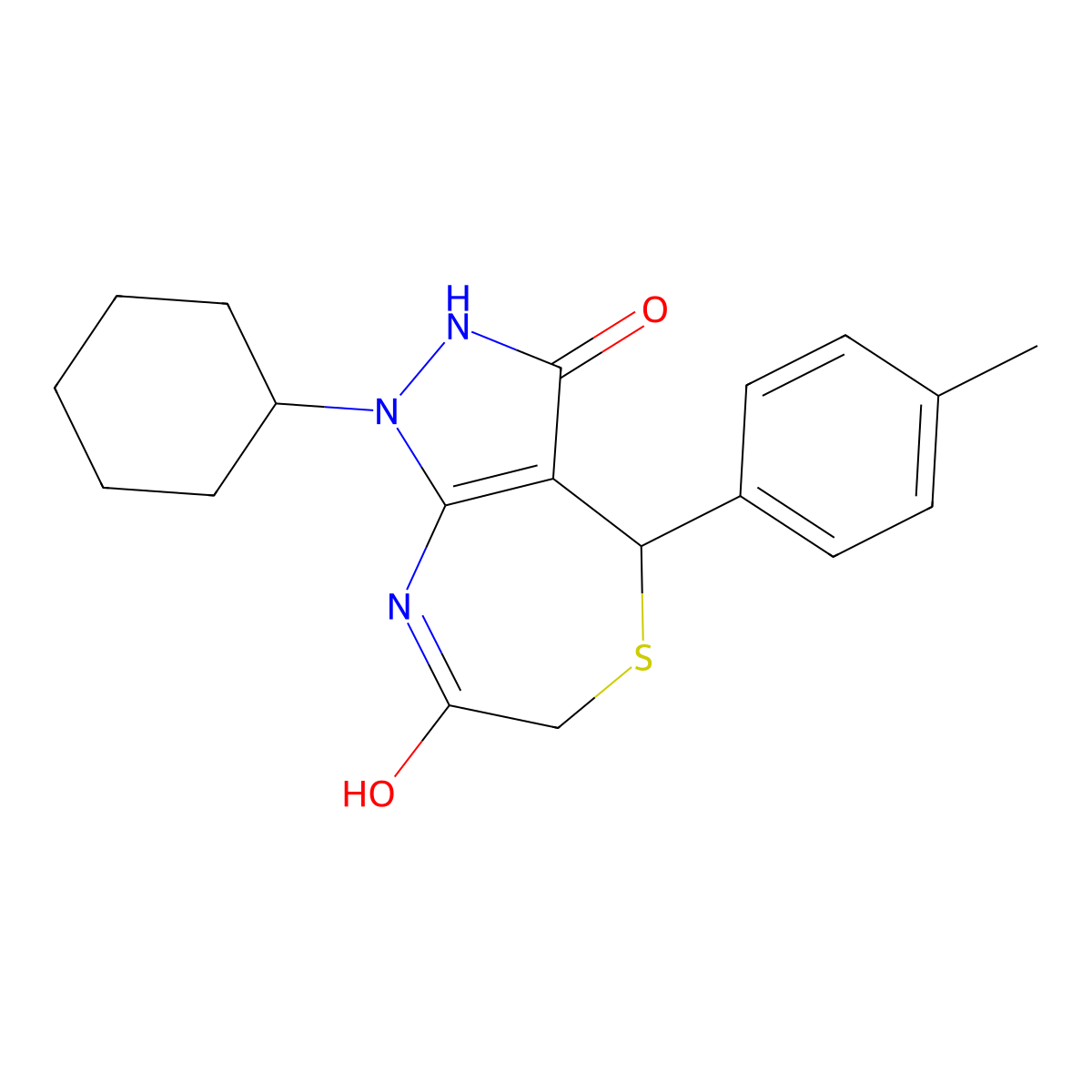 1-cyclohexyl-4-(4-methylphenyl)-4,8-dihydro-2H-pyrazolo[3,4-e][1,4]thiazepine-3,7-dione molecular structure, CAS 573939-30-7
