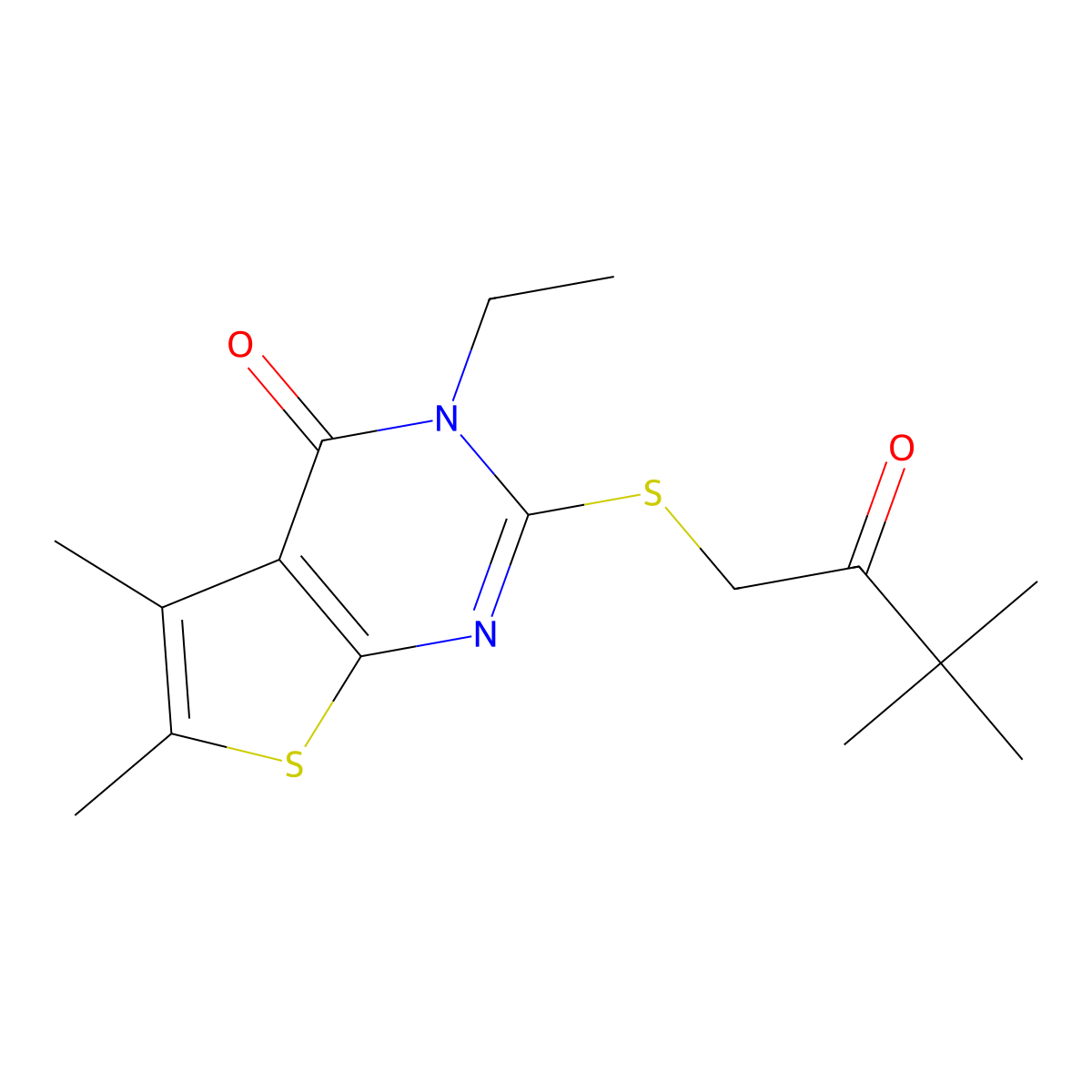 2-[(3,3-dimethyl-2-oxobutyl)sulfanyl]-3-ethyl-5,6-dimethylthieno[2,3-d]pyrimidin-4(3H)-one molecular structure, CAS 573939-56-7