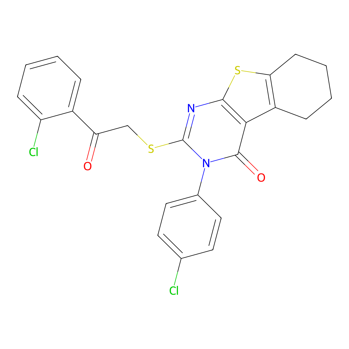 3-(4-Chlorophenyl)-2-{[2-(2-chlorophenyl)-2-oxoethyl]sulfanyl}-5,6,7,8-tetrahydro[1]benzothieno[2,3-D]pyrimidin-4(3H)-one molecular structure, CAS 573940-83-7