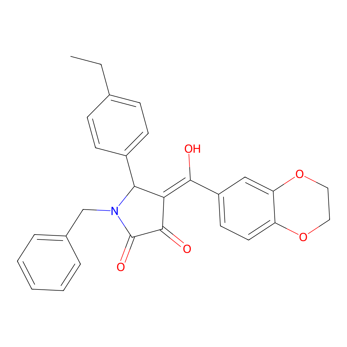 1-benzyl-4-(2,3-dihydro-1,4-benzodioxine-6-carbonyl)-5-(4-ethylphenyl)-3-hydroxy-2,5-dihydro-1H-pyrrol-2-one molecular structure, CAS 573941-21-6
