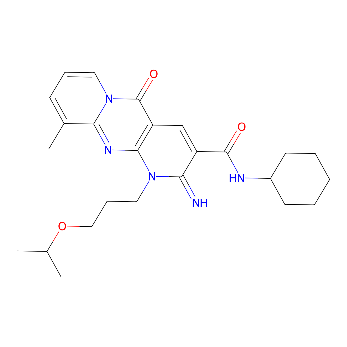 N-cyclohexyl-6-imino-11-methyl-2-oxo-7-[3-(propan-2-yloxy)propyl]-1,7,9-triazatricyclo[8.4.0.0^{3,8}]tetradeca-3(8),4,9,11,13-pentaene-5-carboxamide molecular structure, CAS 573941-25-0