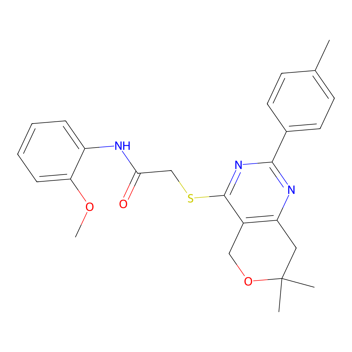 2-[[7,7-dimethyl-2-(4-methylphenyl)-5,8-dihydropyrano[4,3-d]pyrimidin-4-yl]sulfanyl]-N-(2-methoxyphenyl)acetamide molecular structure, CAS 573941-89-6