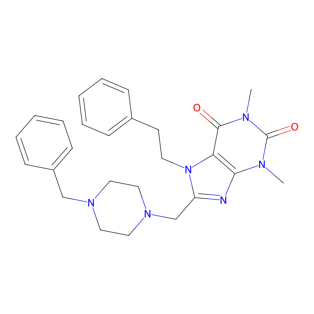8-[(4-benzylpiperazin-1-yl)methyl]-1,3-dimethyl-7-(2-phenylethyl)-2,3,6,7-tetrahydro-1H-purine-2,6-dione molecular structure, CAS 573942-01-5
