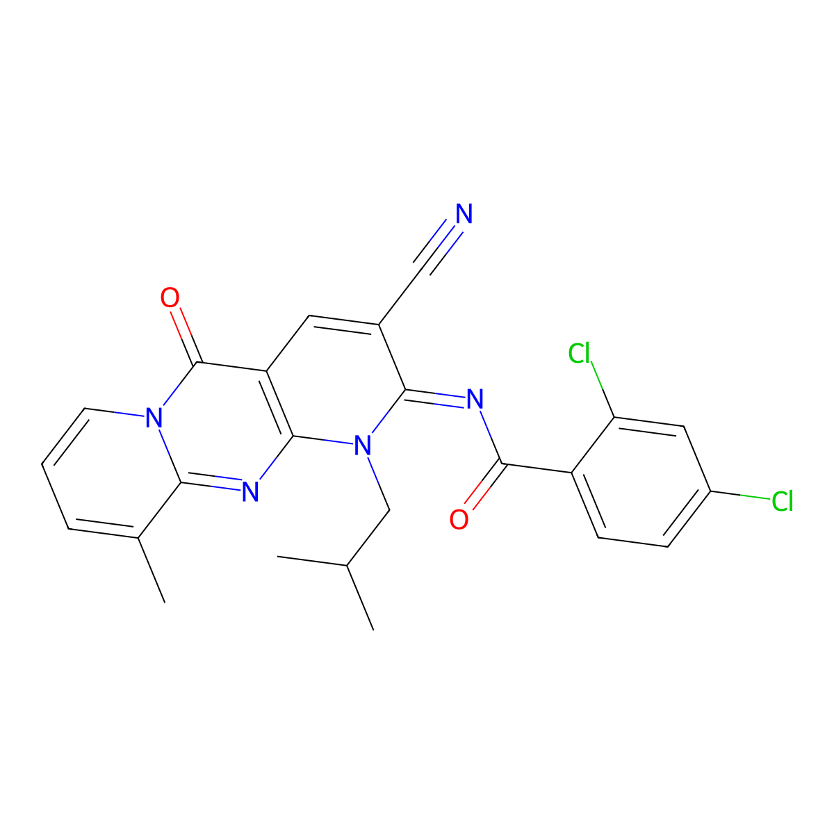 (E)-2,4-dichloro-N-(3-cyano-1-isobutyl-10-methyl-5-oxo-1H-dipyrido[1,2-a:2',3'-d]pyrimidin-2(5H)-ylidene)benzamide molecular structure, CAS 573942-05-9